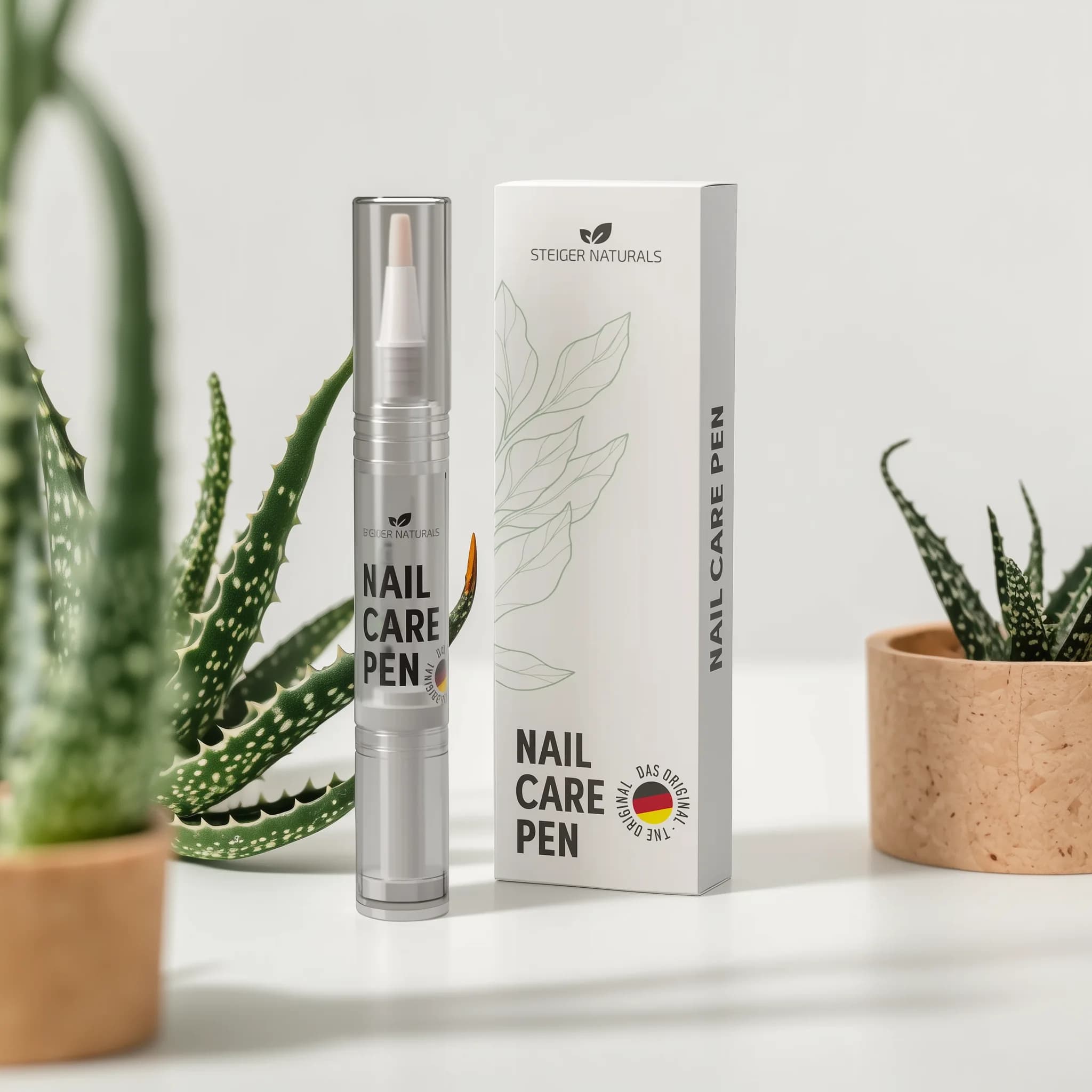 Nail Care Pen von Steiger Naturals auf weißem Tisch mit Aloe Vera