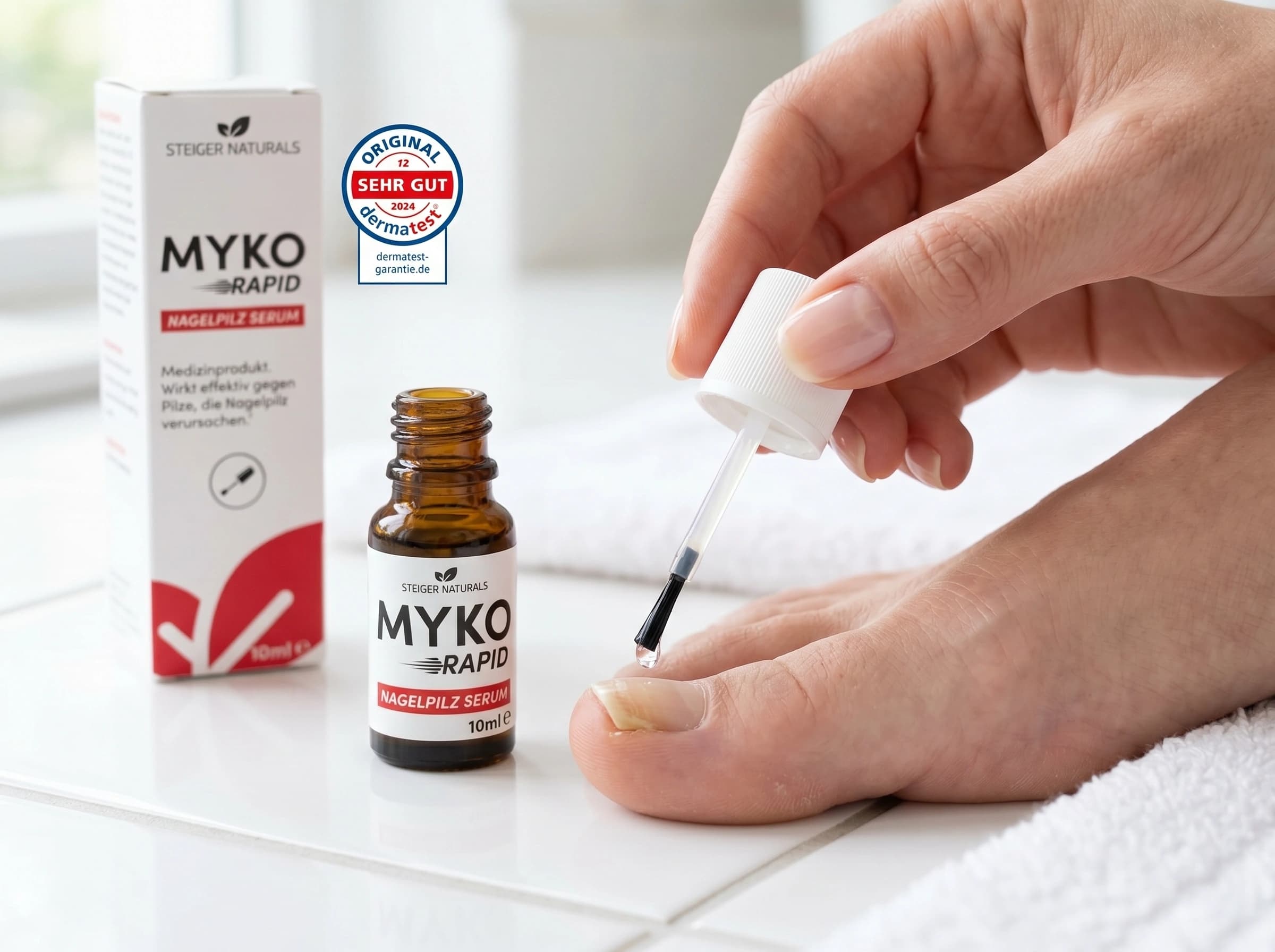 Myko Rapid Serum wird auf den Zehennagel aufgetragen